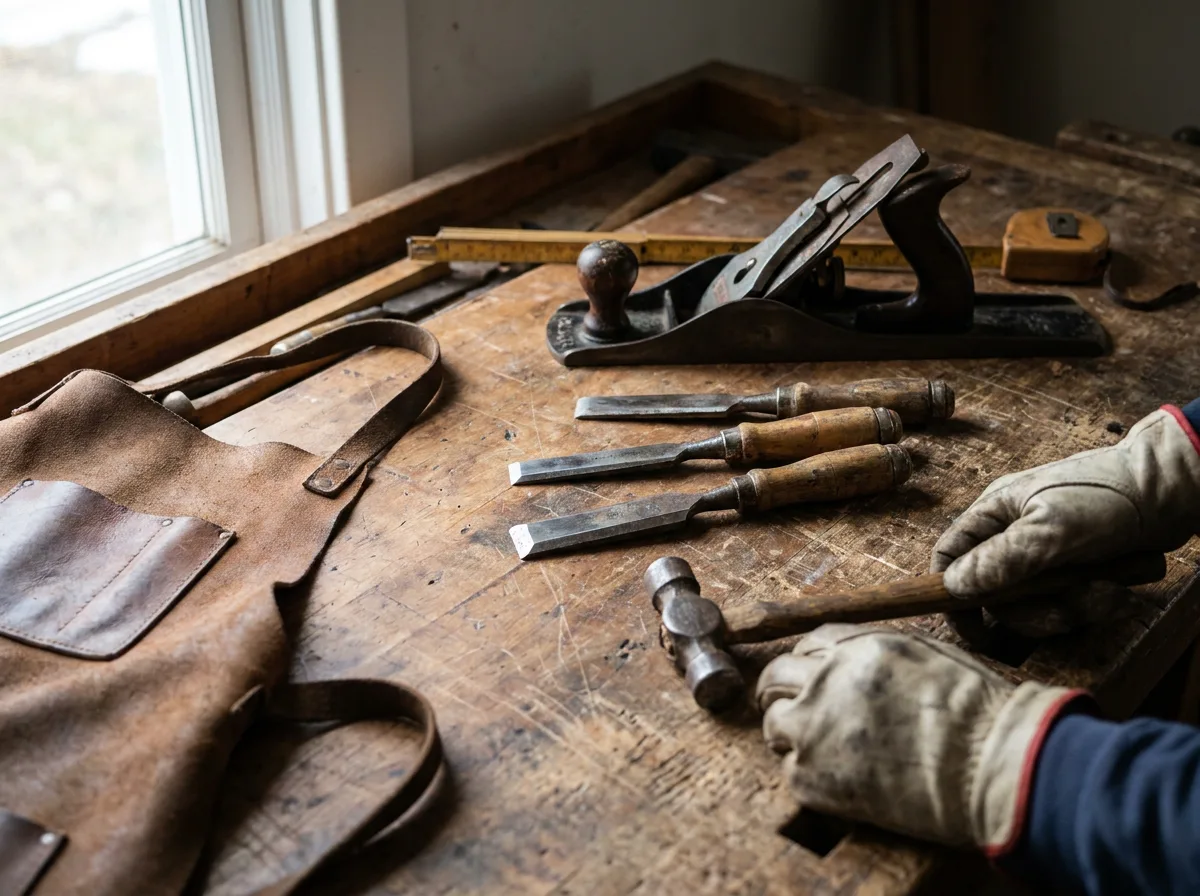 Weathered specialty trade tools arranged on workbench in natural light