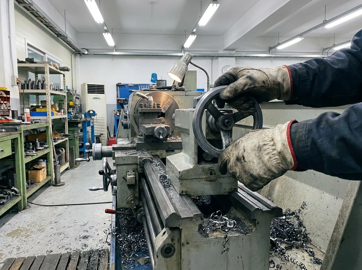 Worker's gloved hands adjusting metal lathe machine in workshop with scattered metal shavings