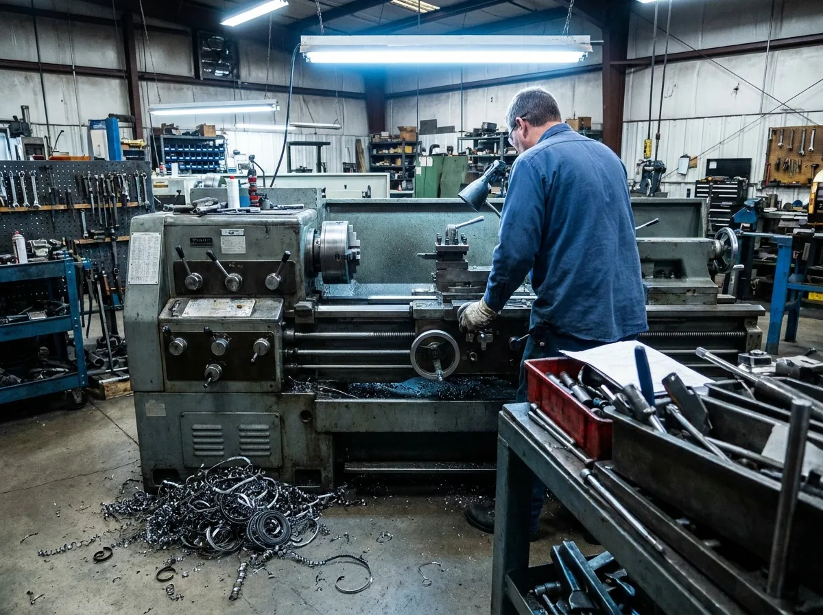 Metal lathe in machine shop with metal shavings on floor and overhead lighting