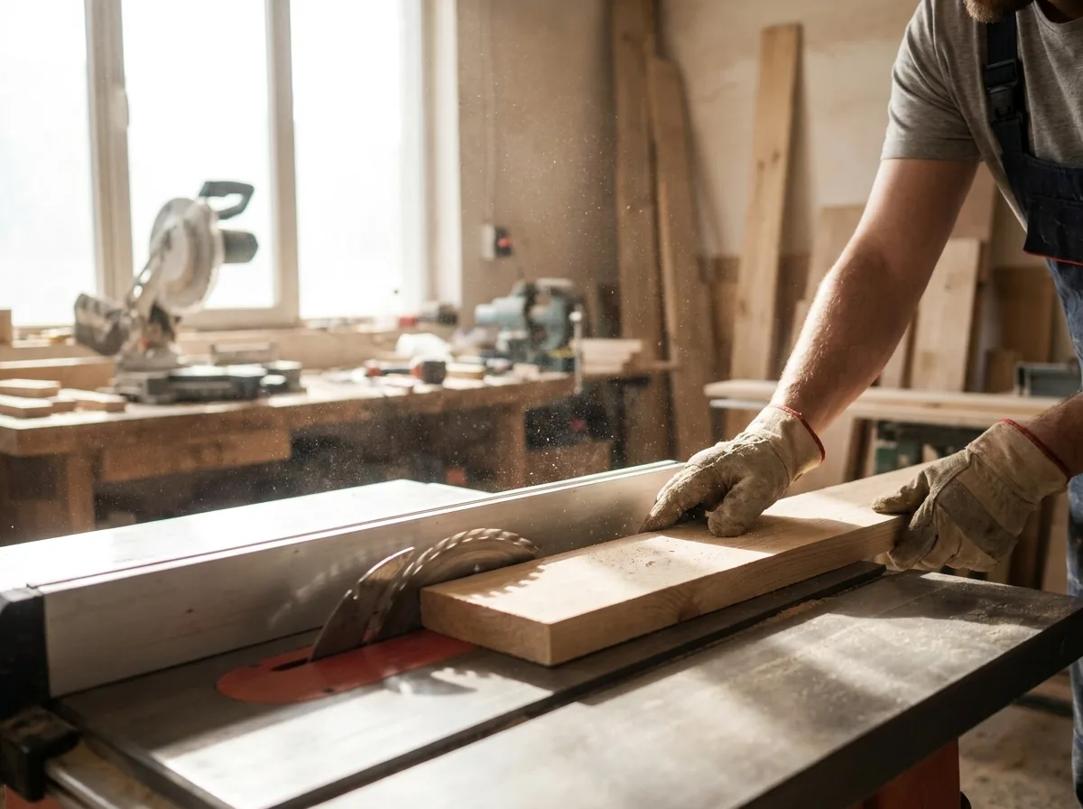 Hands guiding wooden plank through table saw with sawdust in air