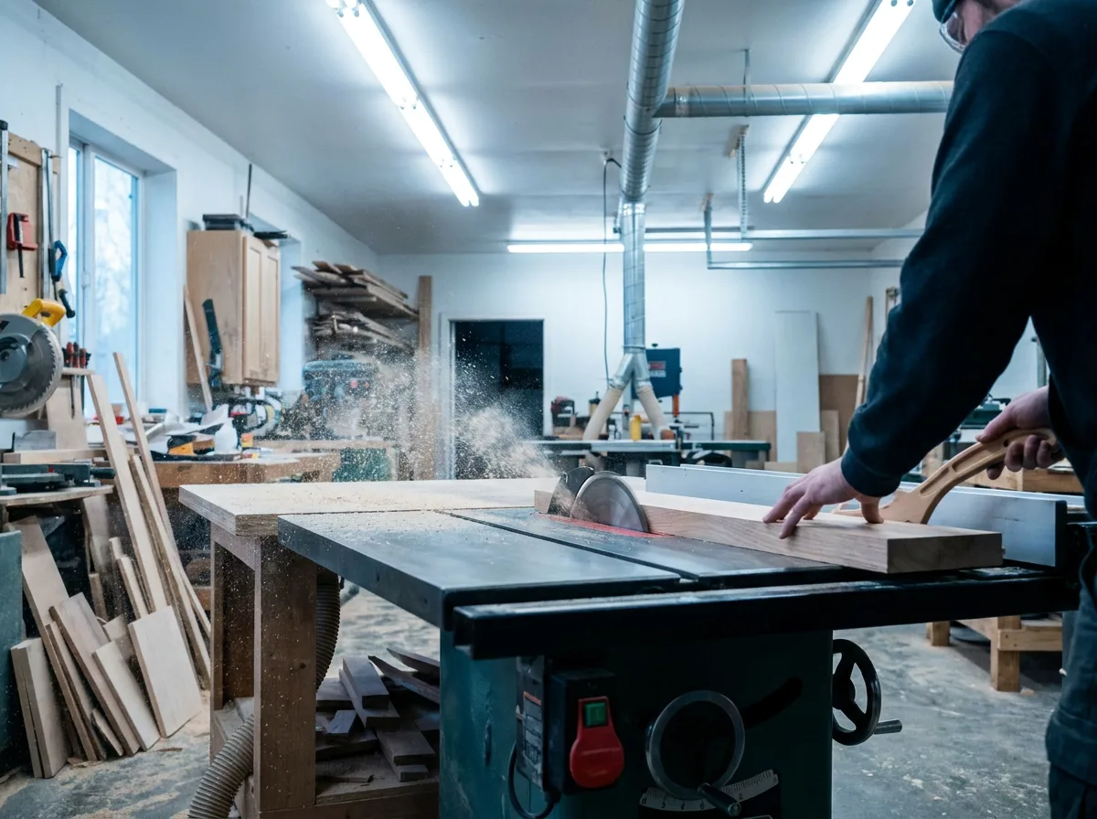 Table saw cutting wood with sawdust dispersing under bright shop lighting