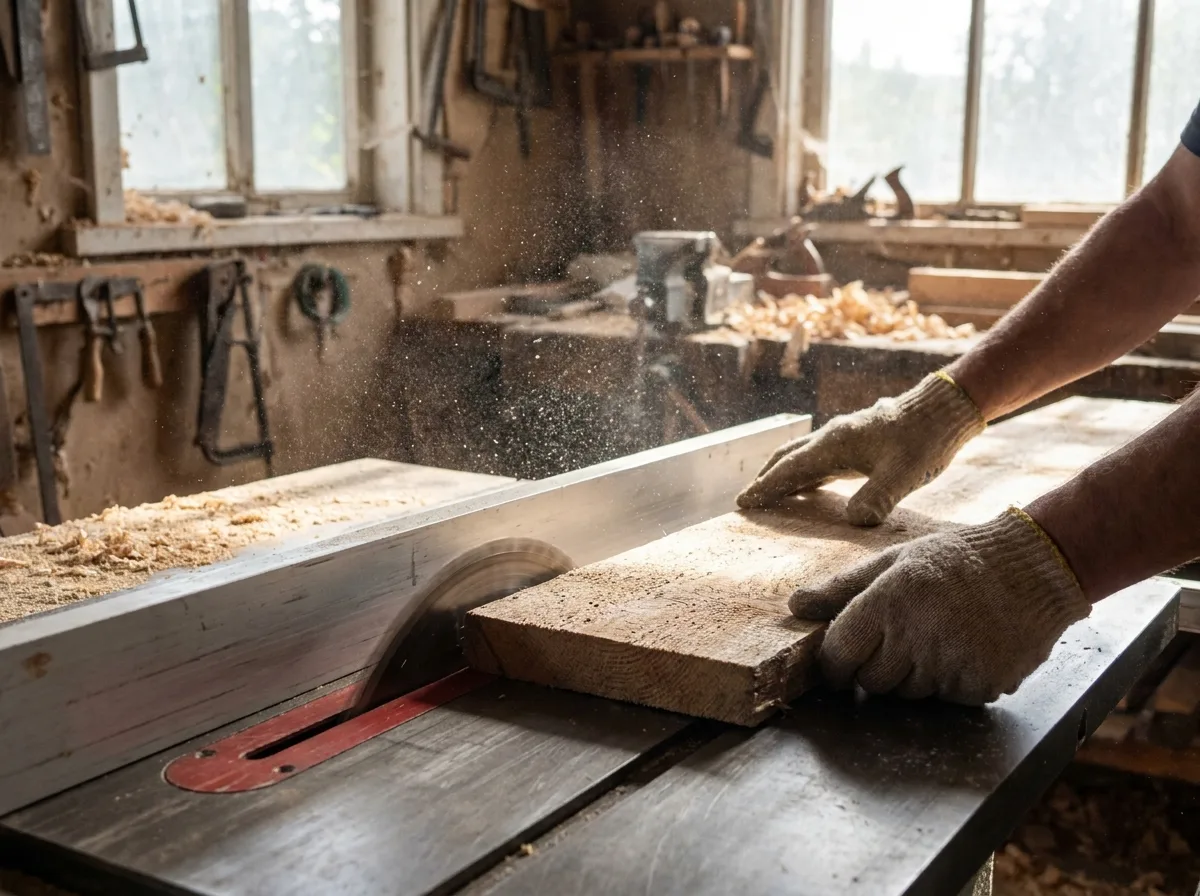 Hands guiding wood plank through table saw with sawdust in sunlit workshop