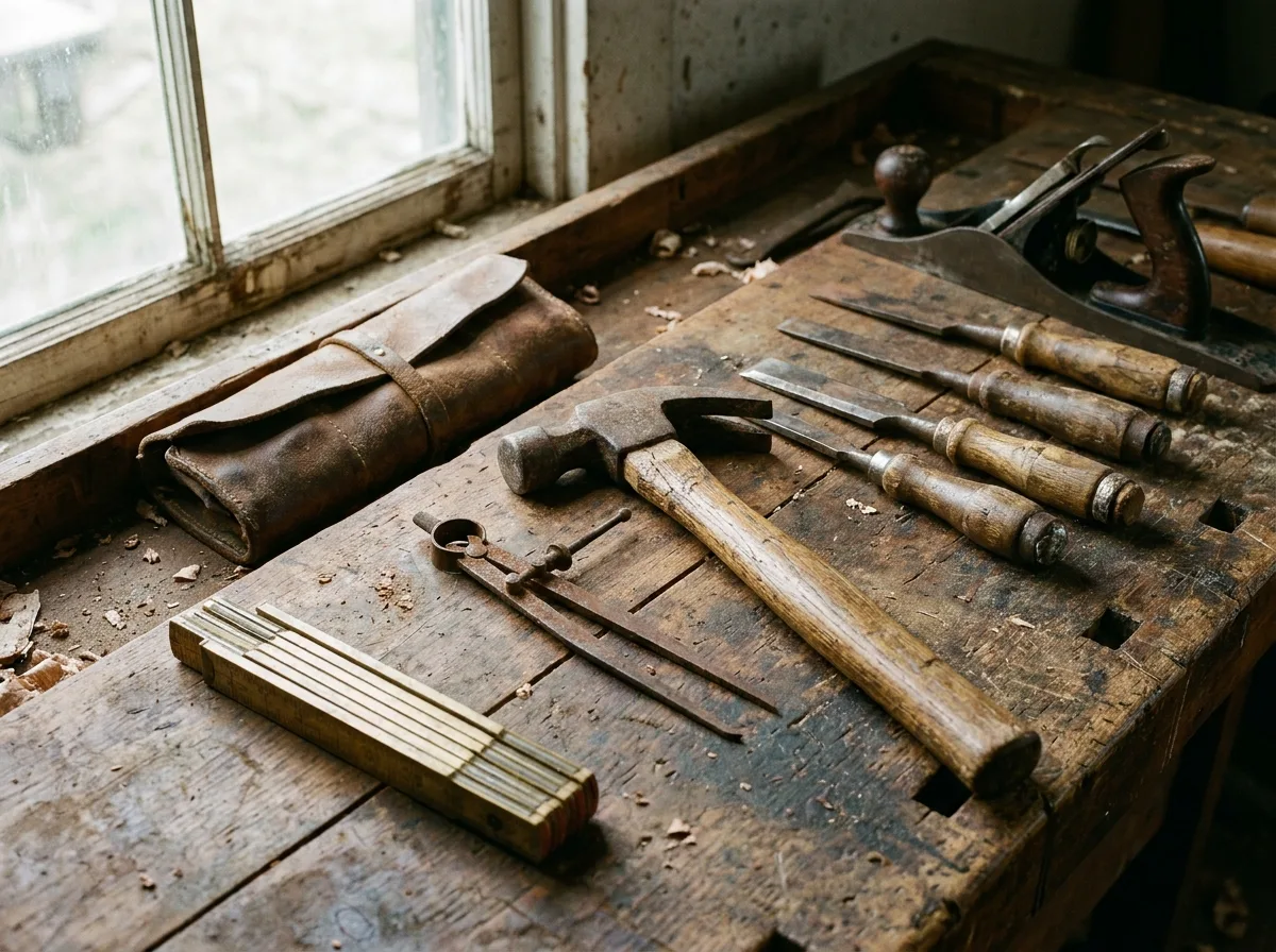 Weathered specialty trade tools arranged on wooden workbench near window