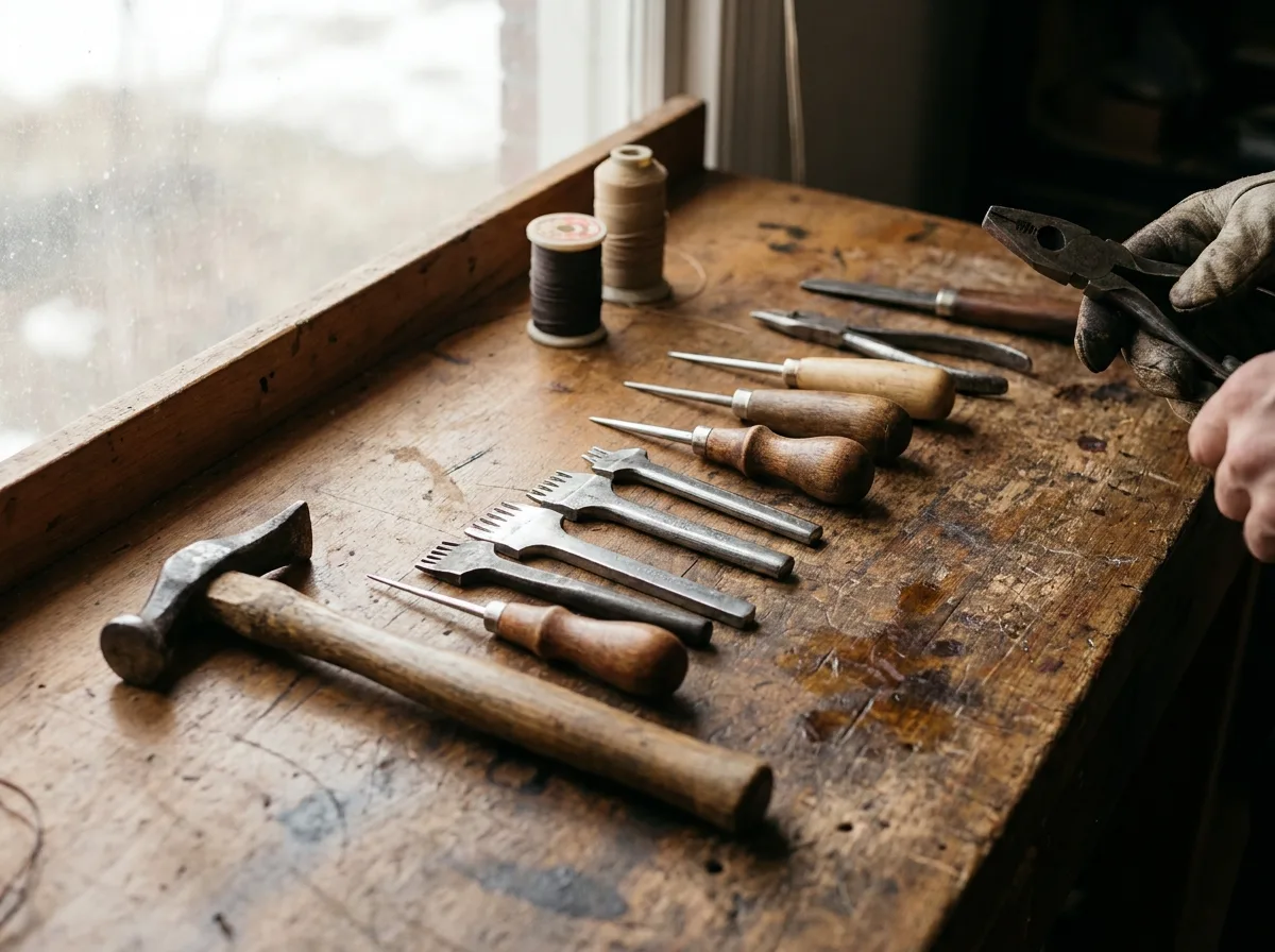 Weathered specialty trade tools arranged on a wooden workbench in natural daylight