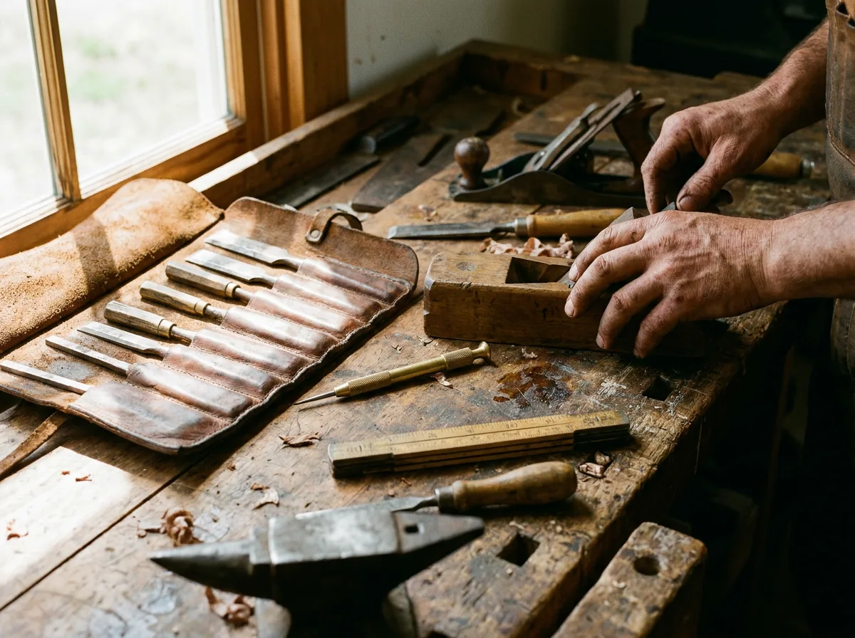 Weathered specialty trade tools arranged neatly on a workbench with natural window light