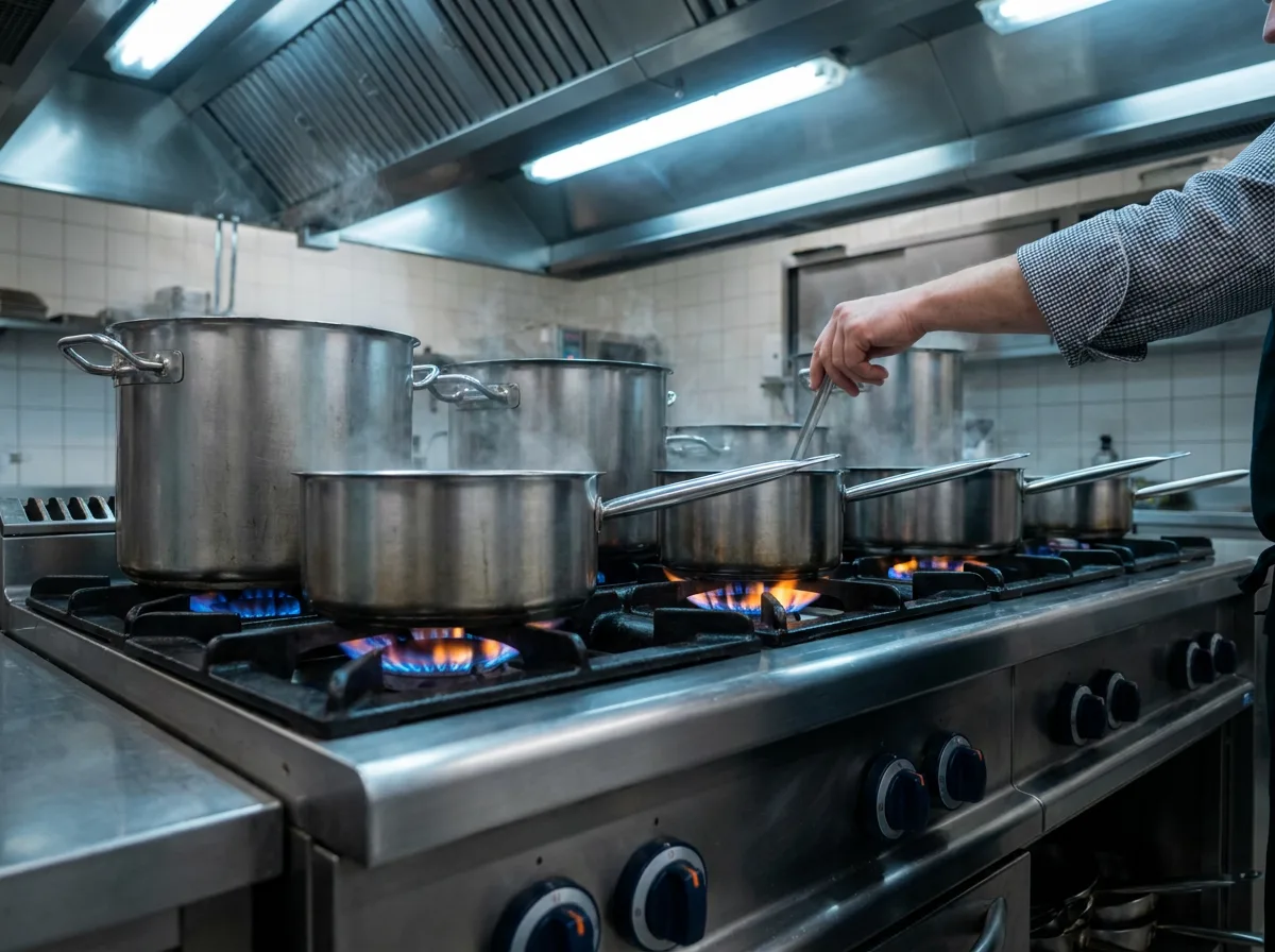 Gas range with four lit burners and stainless steel cookware in commercial kitchen