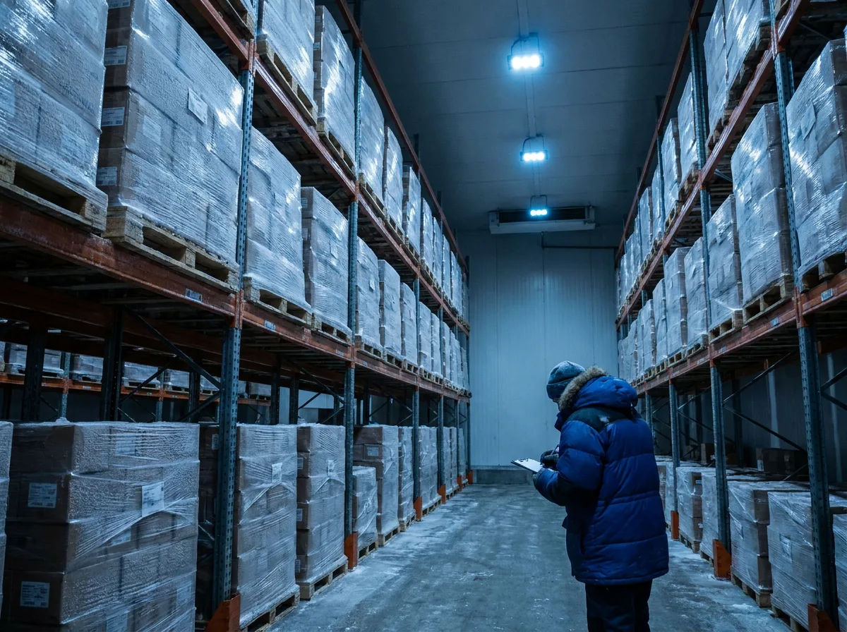 Stacked pallets with frost on metal shelving in a cold storage warehouse, worker in insulated jacket reviewing clipboard