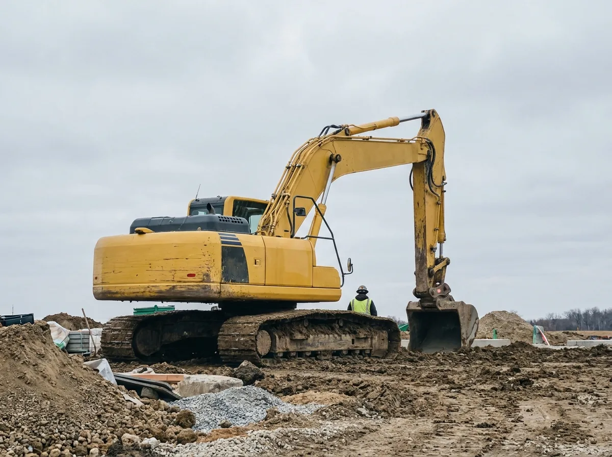 Yellow excavator parked on dirt construction site under cloudy sky