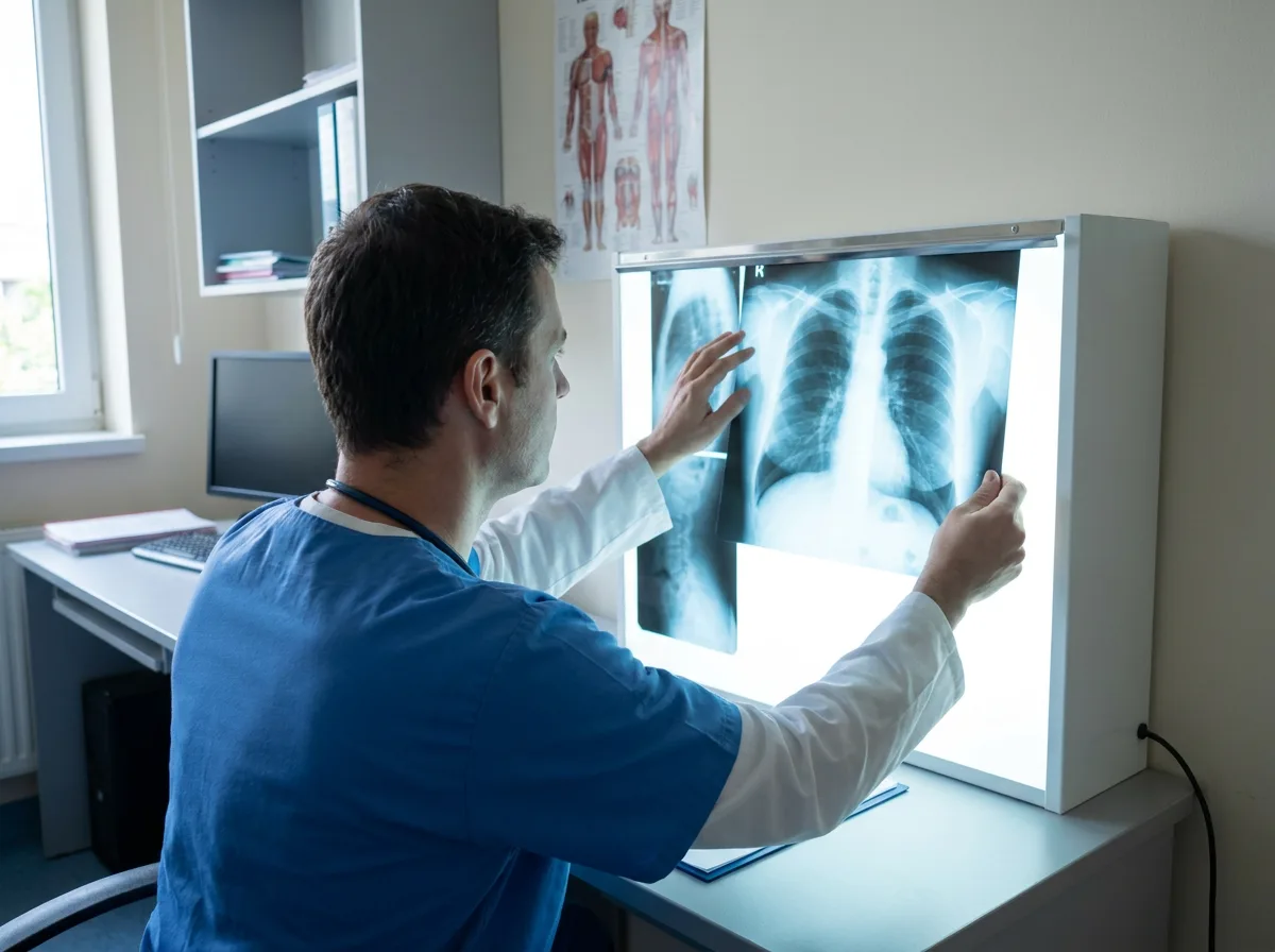 Radiologist examining X-ray on light box in clinical setting