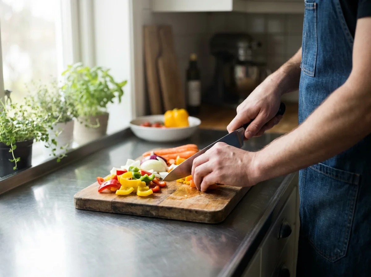 Hands chopping fresh vegetables on a stainless steel kitchen counter with natural daylight