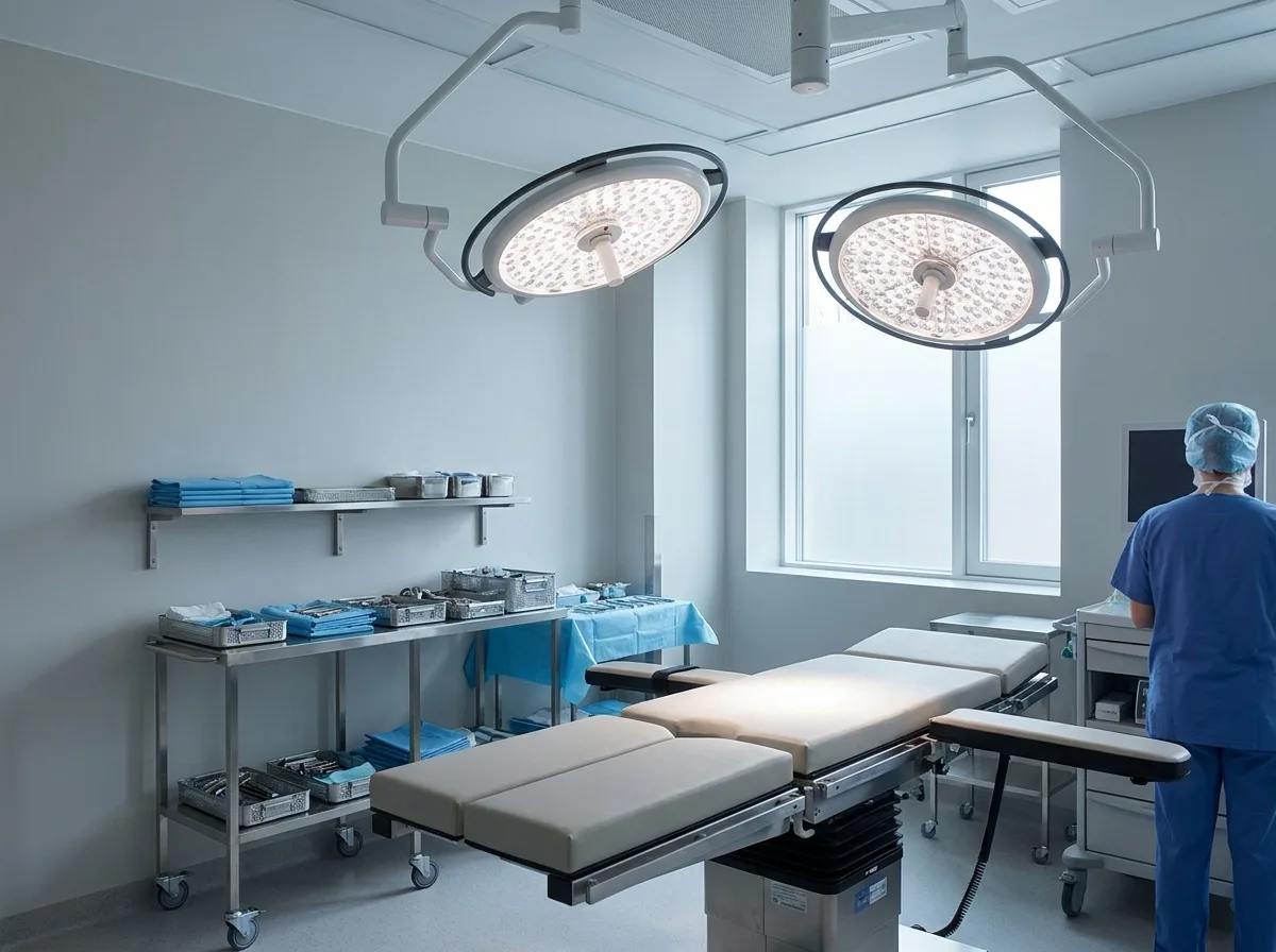 Modern operating room with surgical table, overhead lights, and stainless steel instrument trays