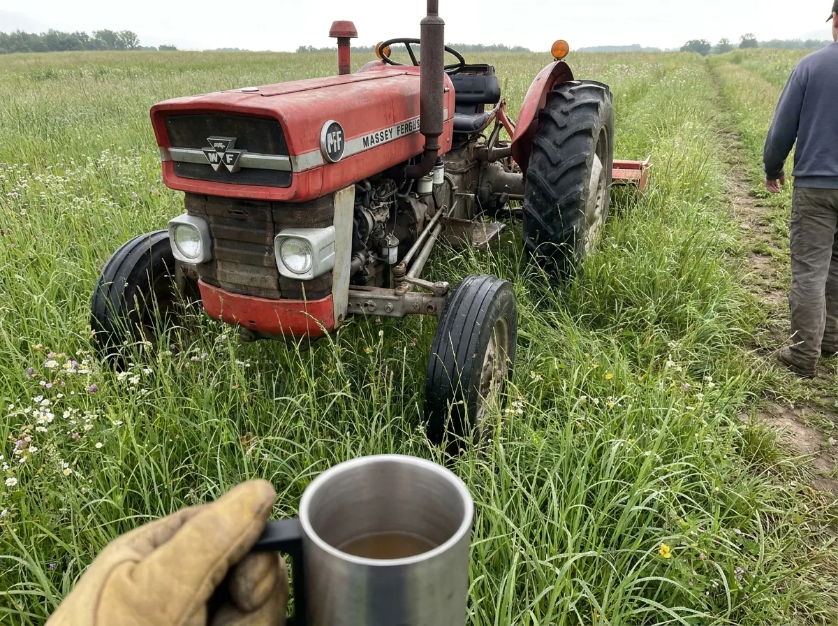 Red tractor parked in dewy farm field during daytime