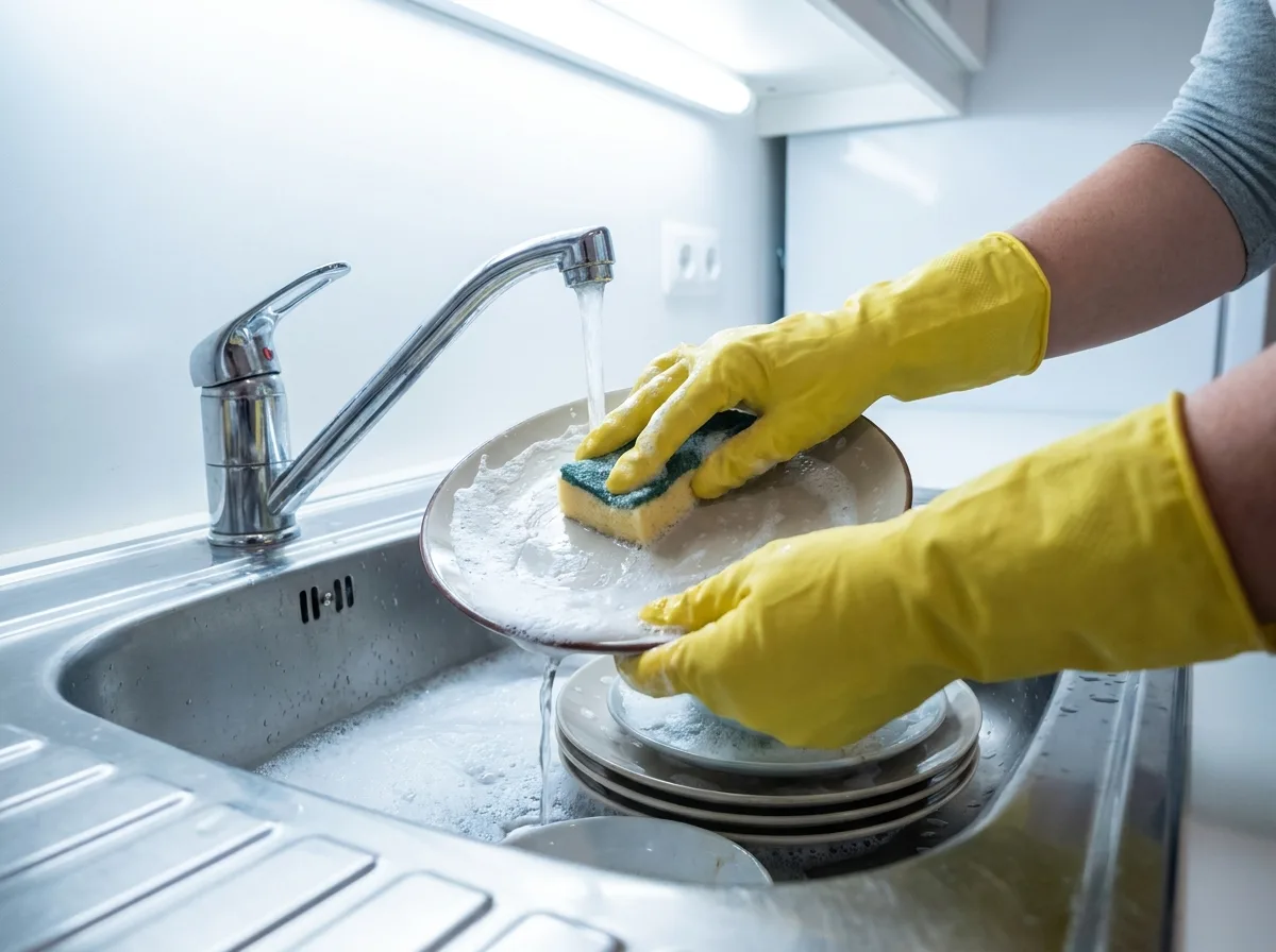 Gloved hands washing dishes in a stainless steel sink under bright kitchen lighting