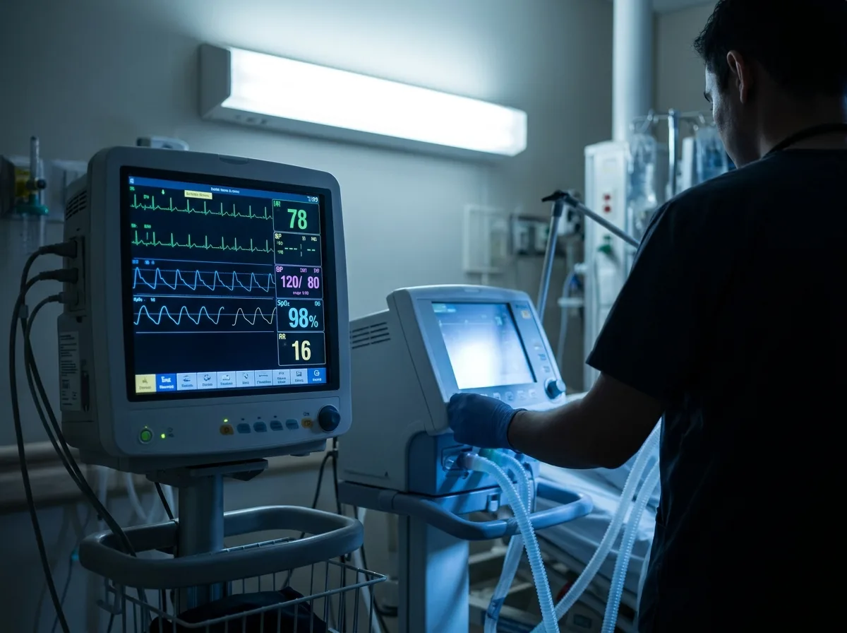Hospital bedside monitor and ventilator with vital signs displays