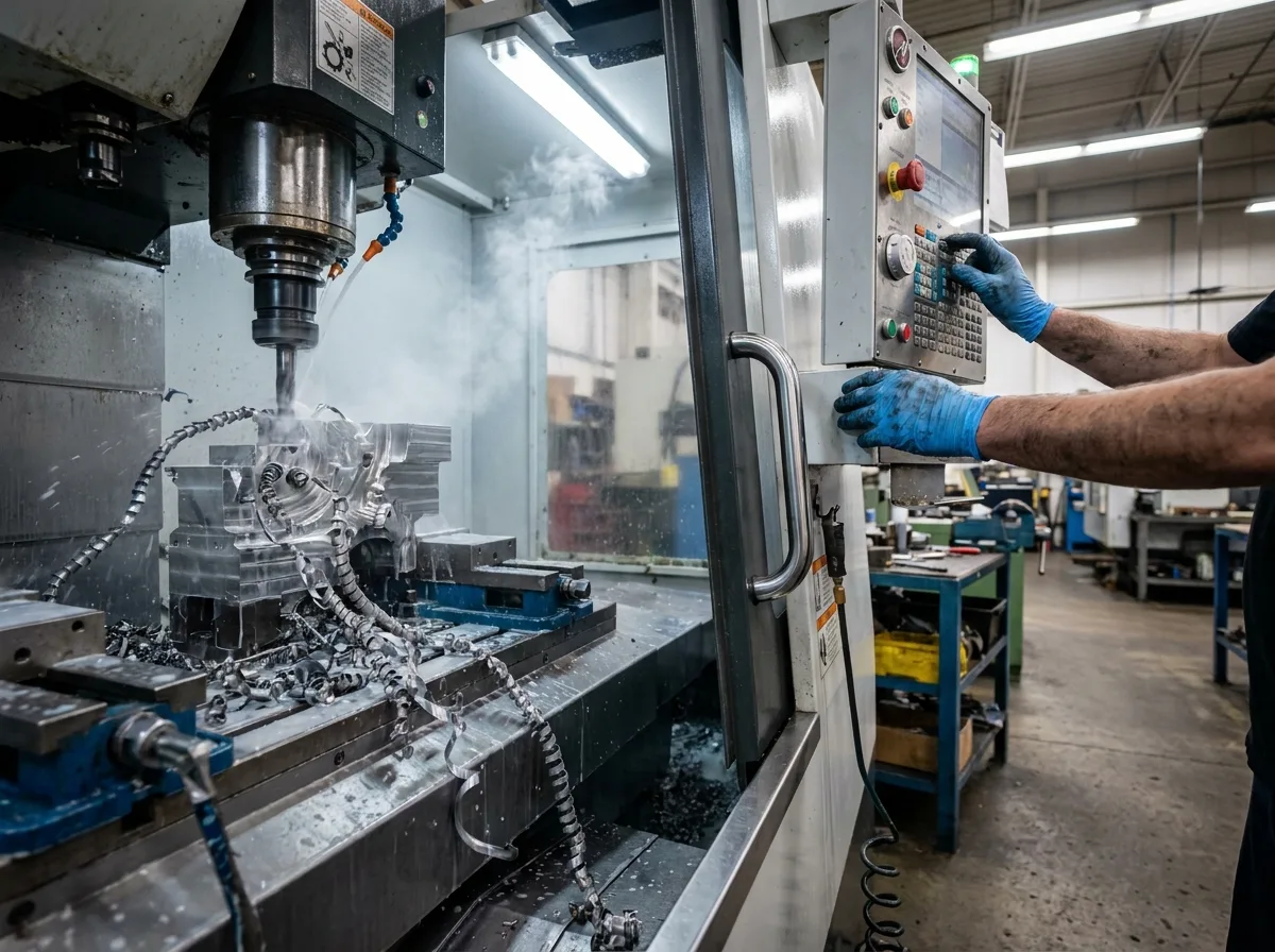 Technician's hands operating a CNC milling machine with metal shavings curling from the workpiece