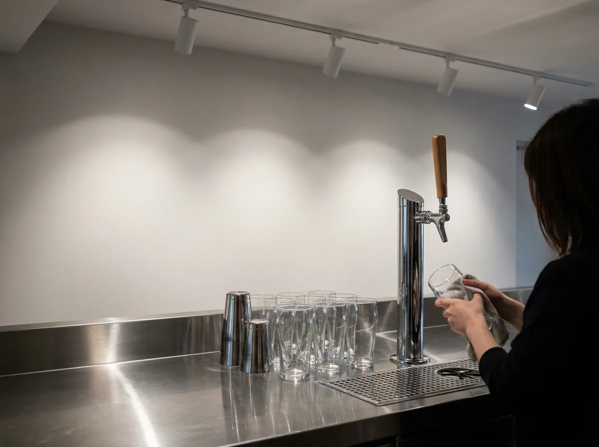 Stainless steel bar counter with beer tap, cocktail glasses, and shaker under overhead lighting