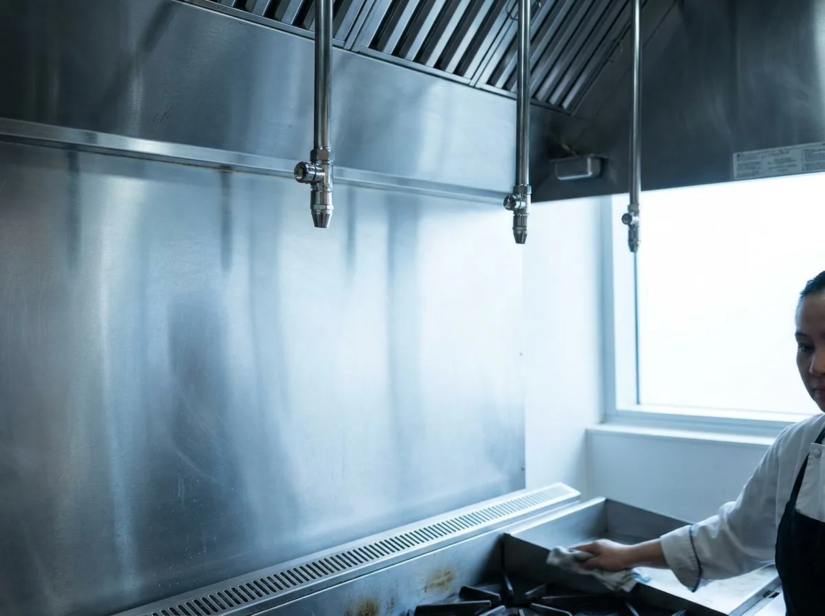 Stainless steel exhaust hood with fire suppression nozzles under neutral lighting