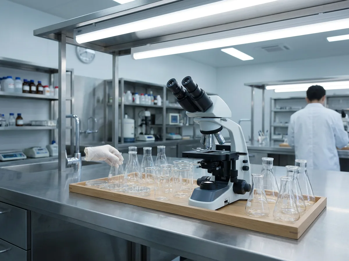 Stainless steel lab bench with microscope and glass beakers under overhead lighting