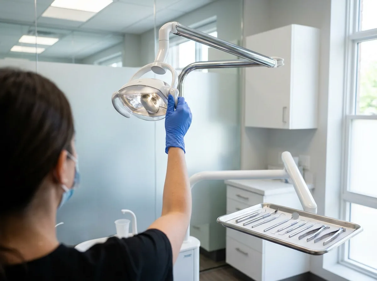 Dentist's gloved hand adjusting overhead light above tray of stainless steel dental instruments