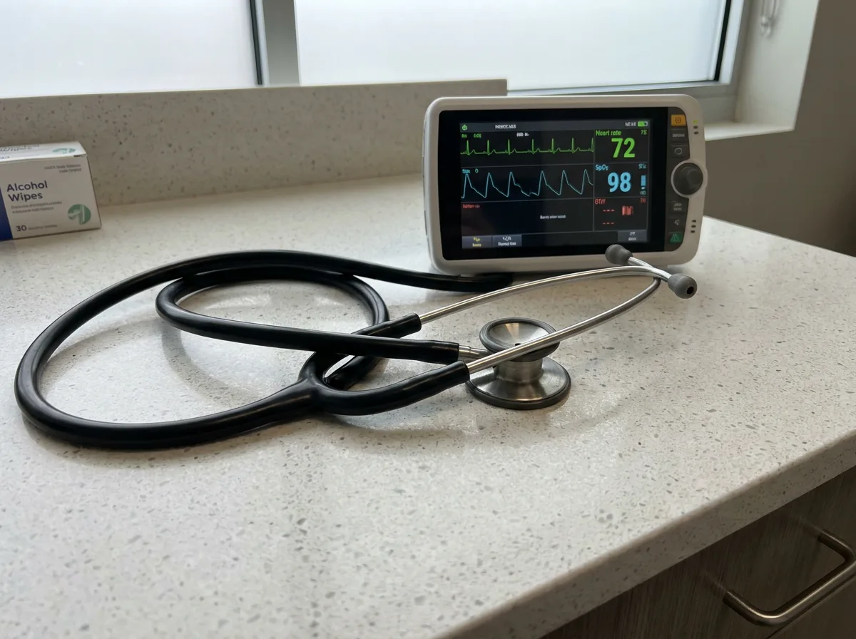 Stethoscope and diagnostic monitor on clinic countertop