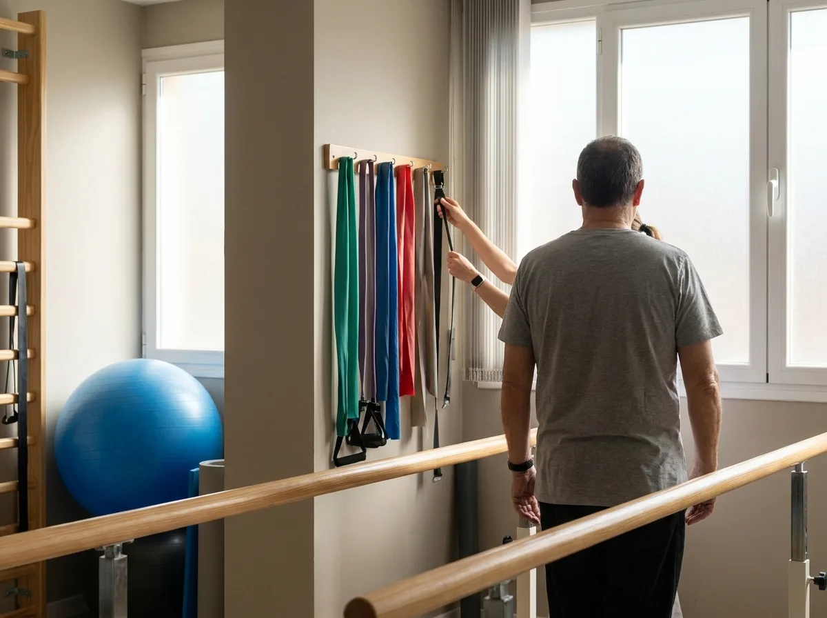 Physical therapy room with parallel bars, resistance bands, and exercise ball