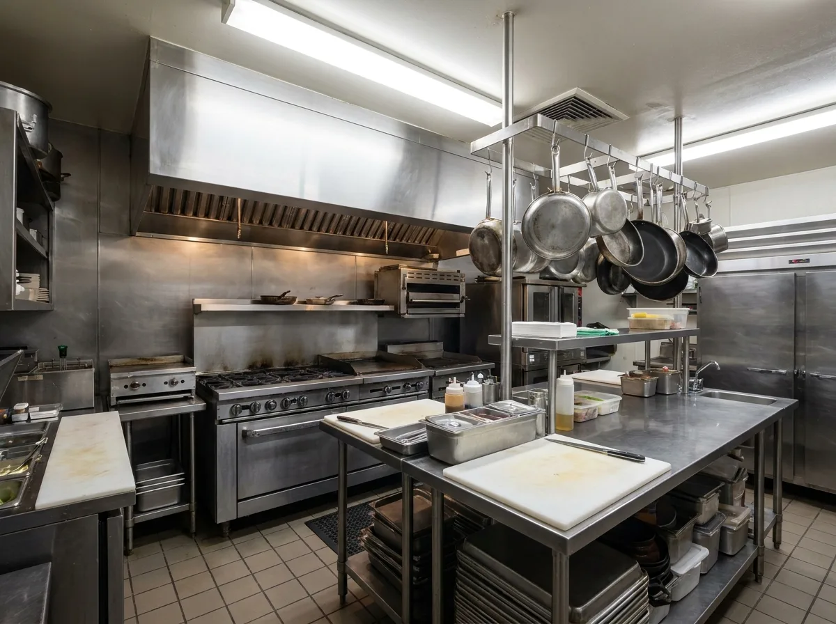 Stainless steel commercial kitchen with hanging cookware, range, and prep counters under overhead lights