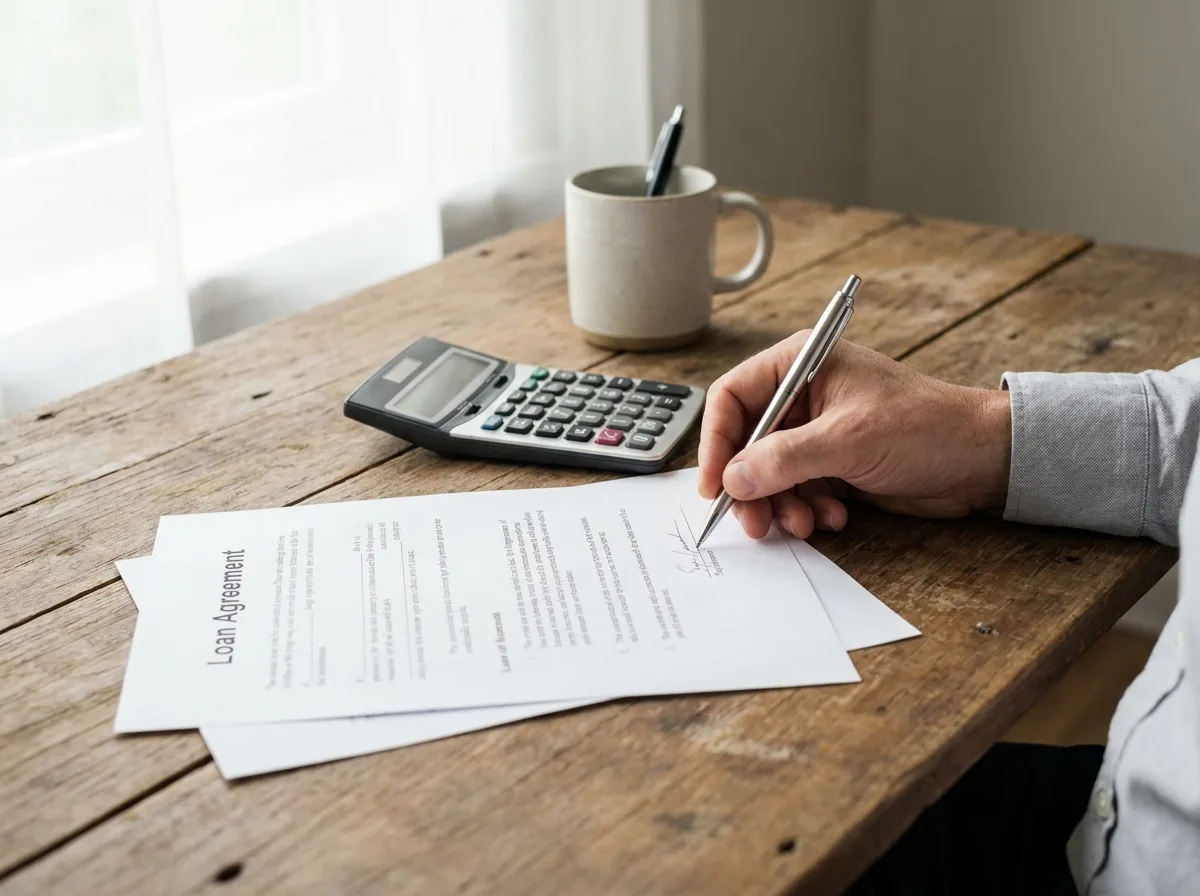 Hand signing loan documents at wooden desk with calculator and pen in natural light