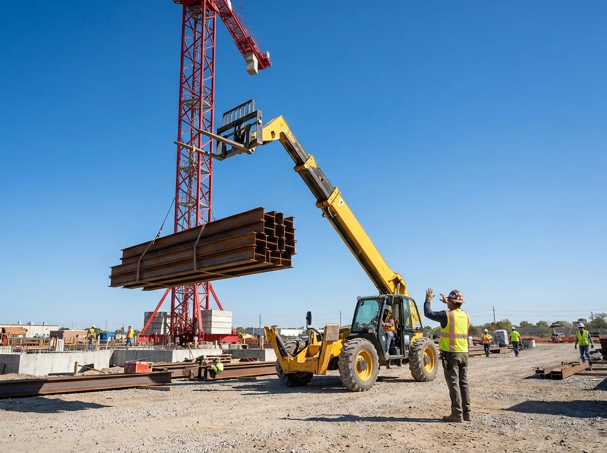 Forklift lifting steel beams at construction site with tall crane in background