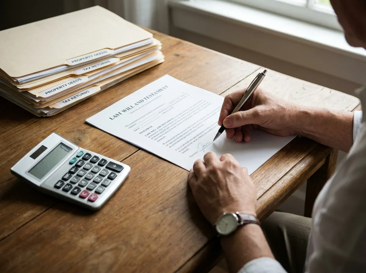 Person signing estate documents at wooden desk with calculator and stacked folders