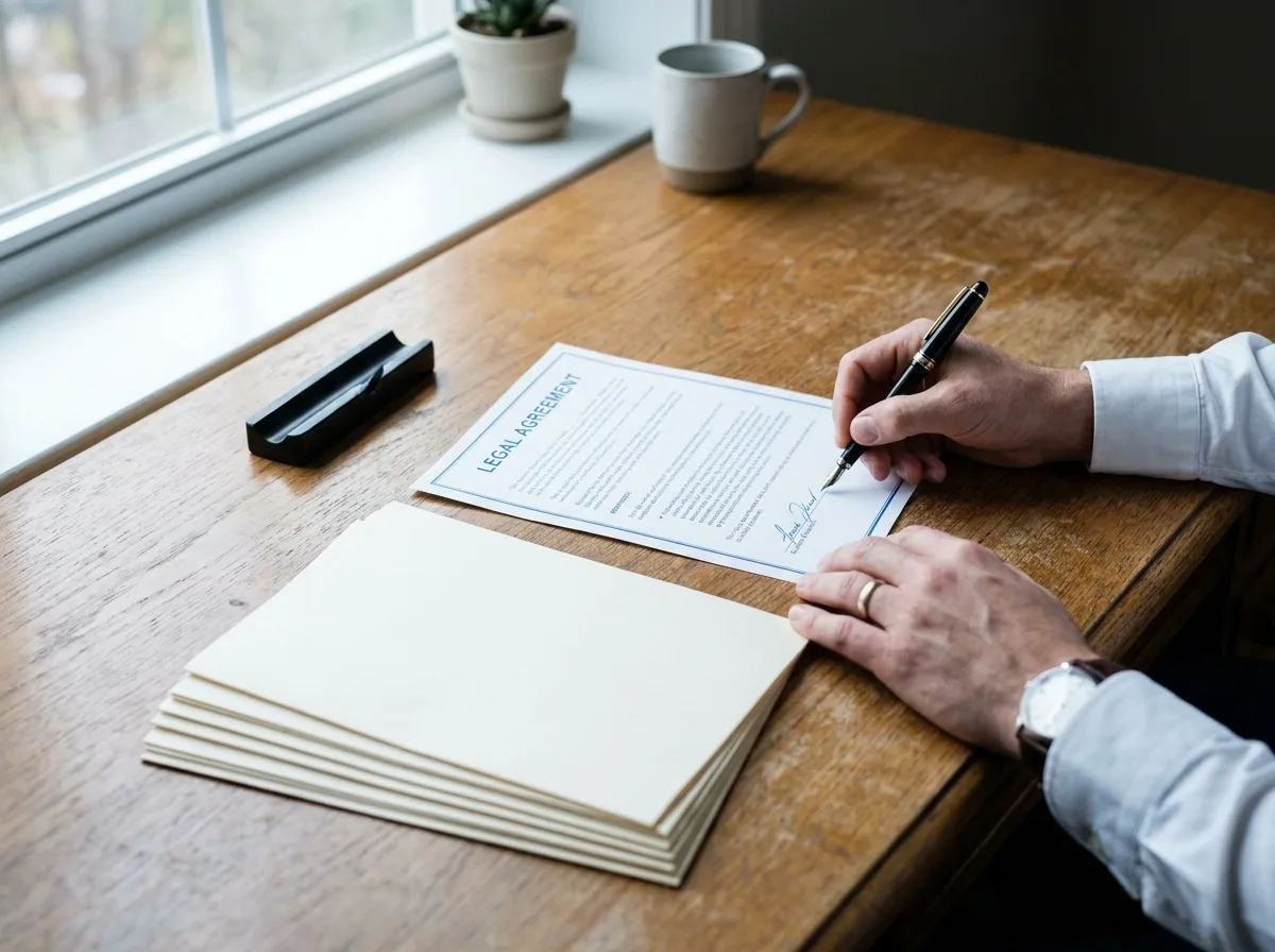 Person signing legal document at wooden desk with pen and stacked papers in natural light