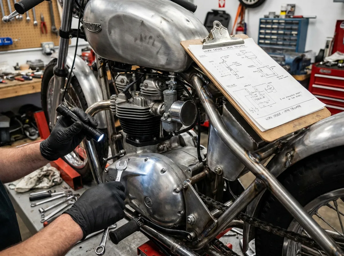 Mechanic's hands inspecting custom motorcycle engine and frame with clipboard on fuel tank in garage