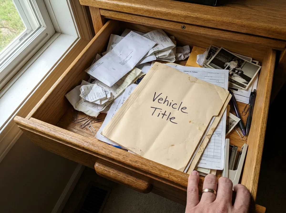 Cluttered desk drawer with scattered papers and empty folder labeled "Vehicle Title" near window
