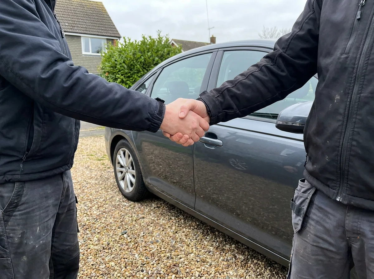 Two people shaking hands beside a motorcycle in a driveway on an overcast day