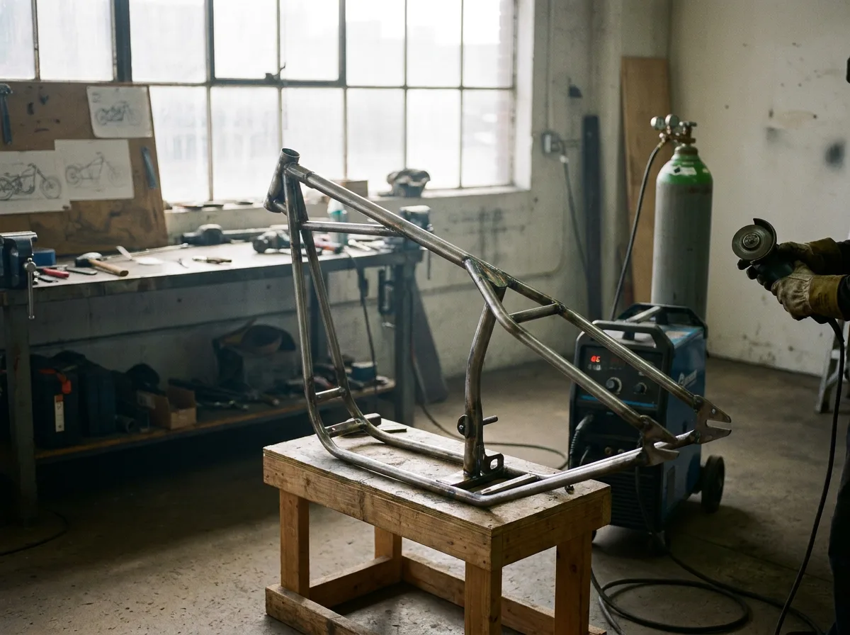 Custom motorcycle frame on workbench with welding tools in workshop