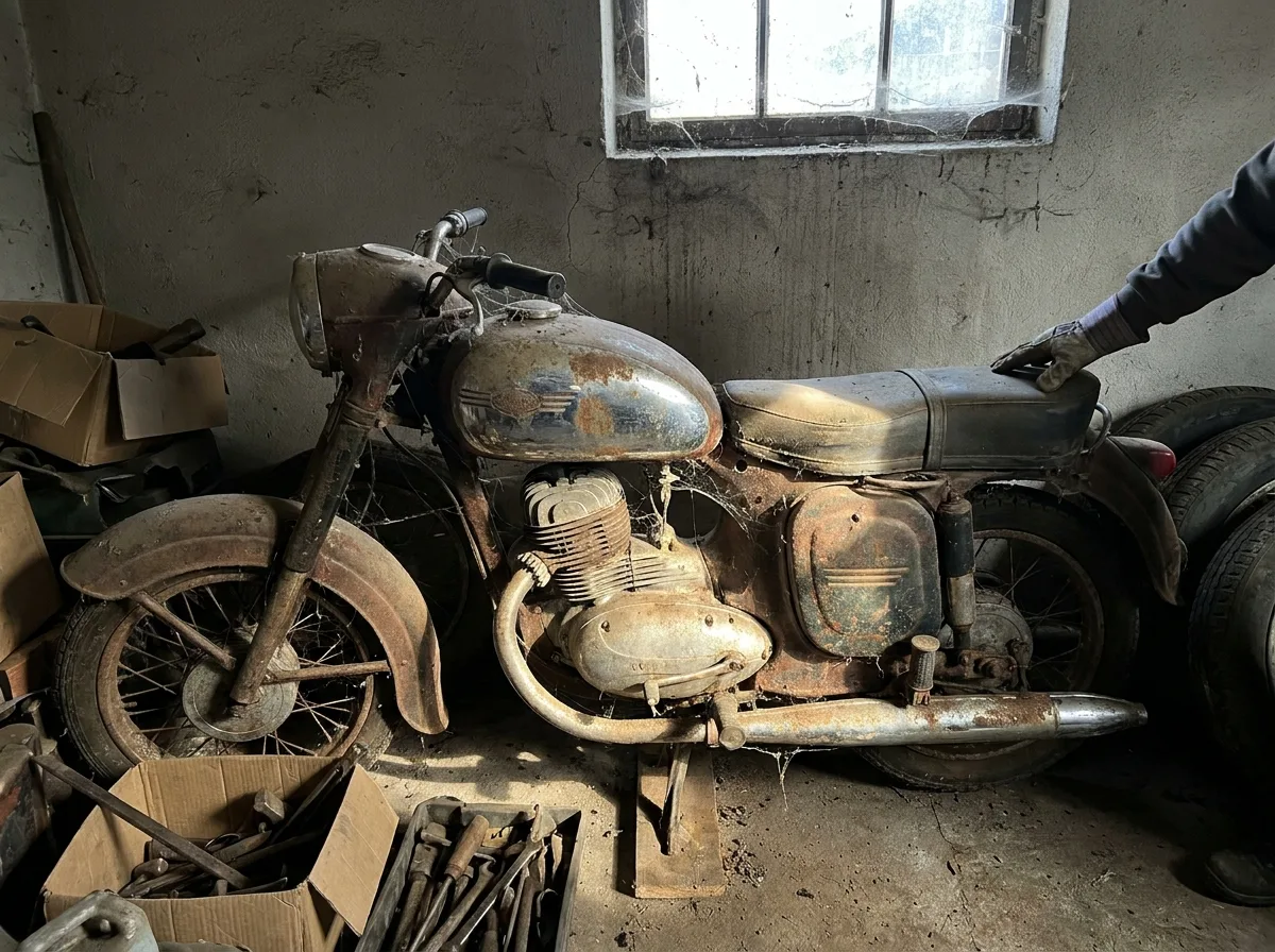 Abandoned motorcycle covered in dust and cobwebs in dim garage corner with sunlight from window