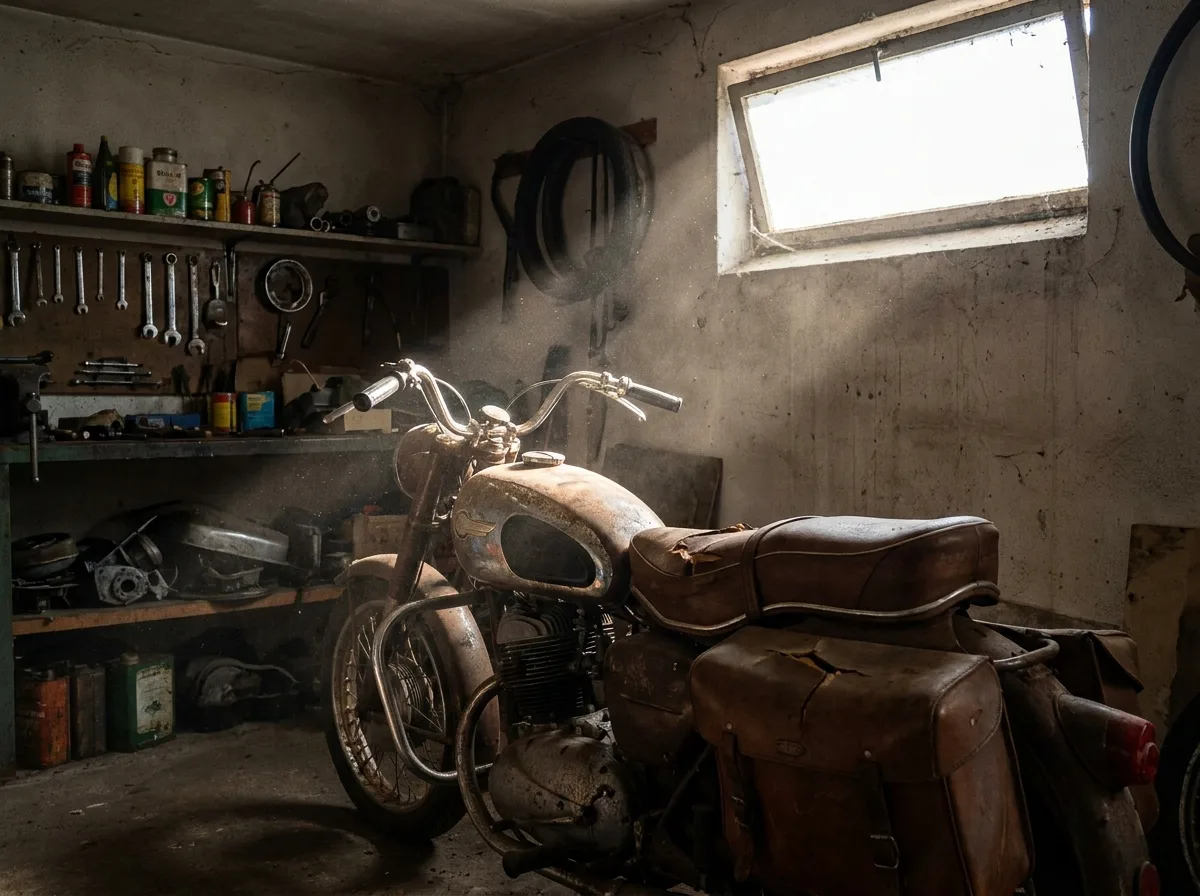 Vintage motorcycle with chrome details and worn leather seat in sunlit garage