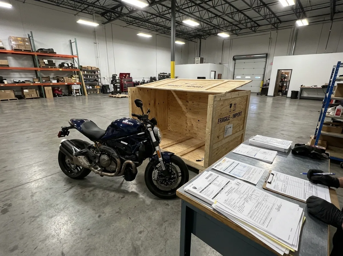 Imported motorcycle parked in garage with shipping crate and paperwork