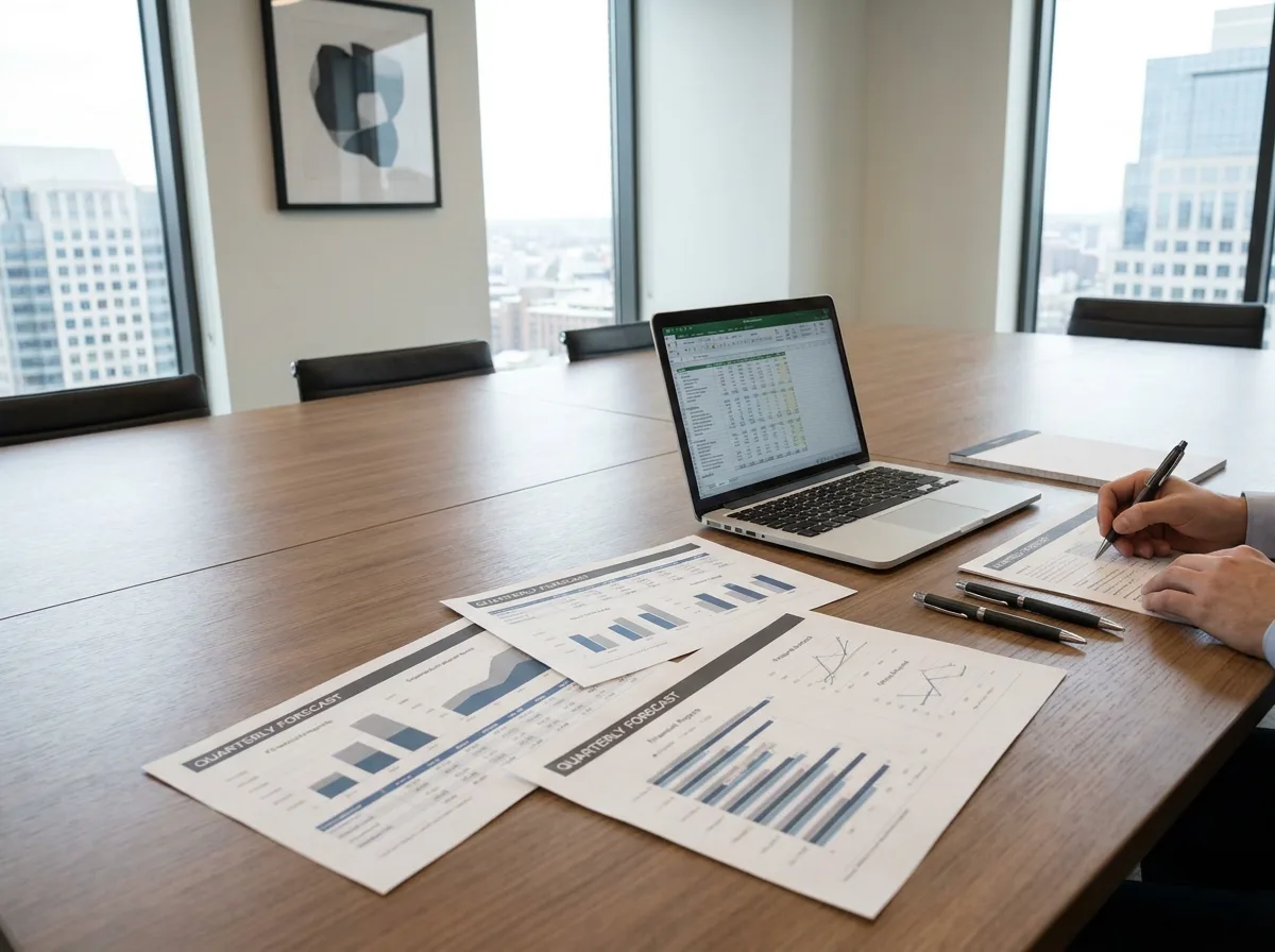 Conference table with financial documents, laptop, and two pens