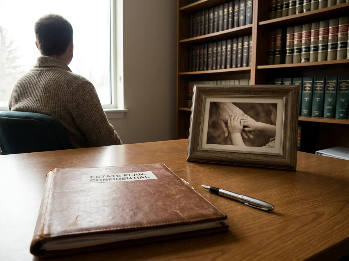 Family lawyer's desk with estate planning document, pen, and framed family photo in soft daylight
