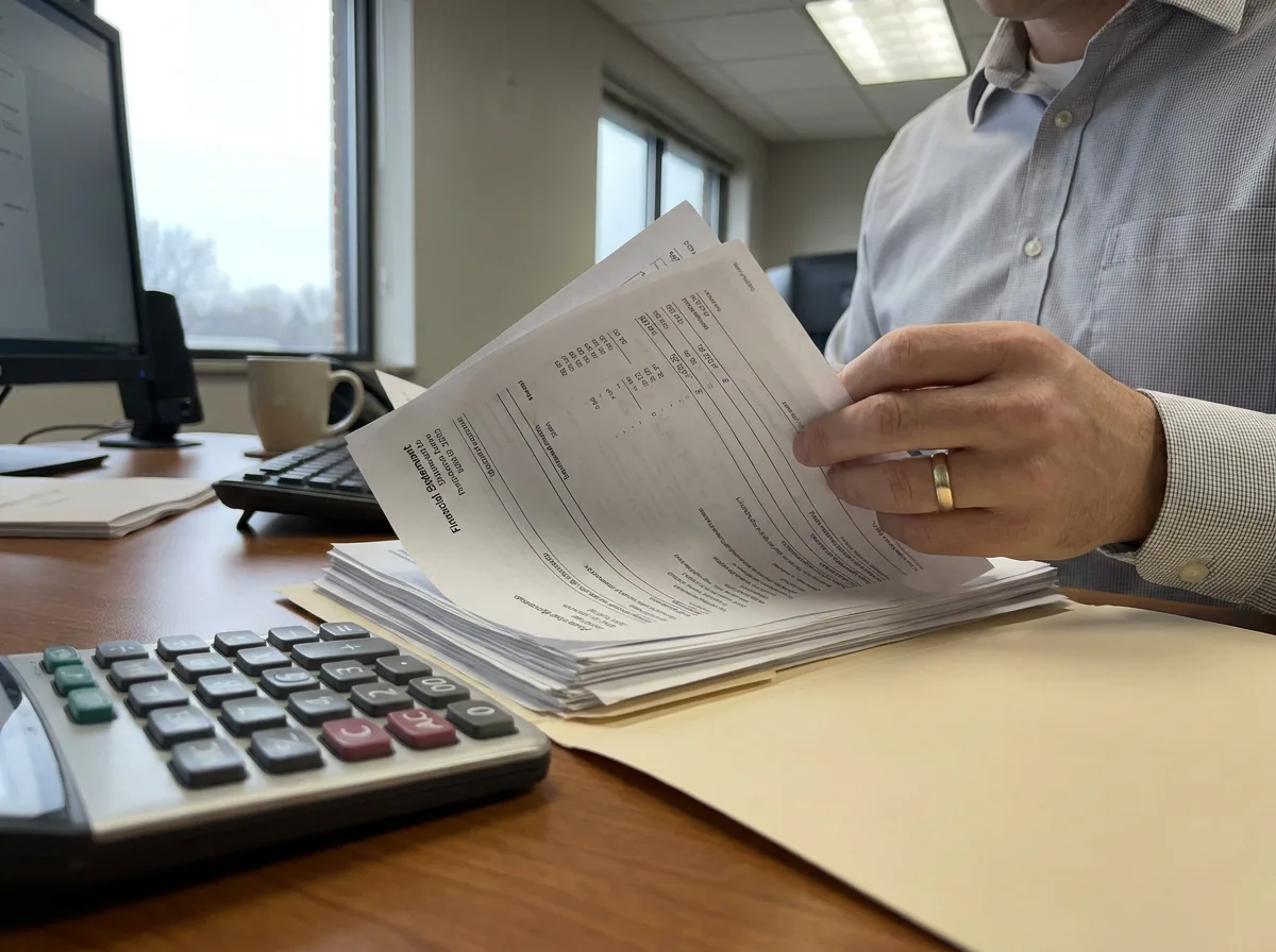 Loan officer reviewing financial documents with calculator on desk