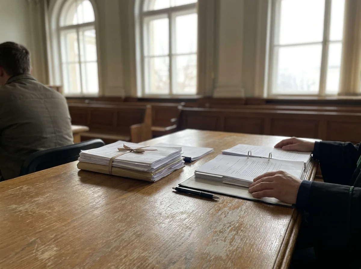 Two hands near legal documents and pen at courtroom table with natural window light