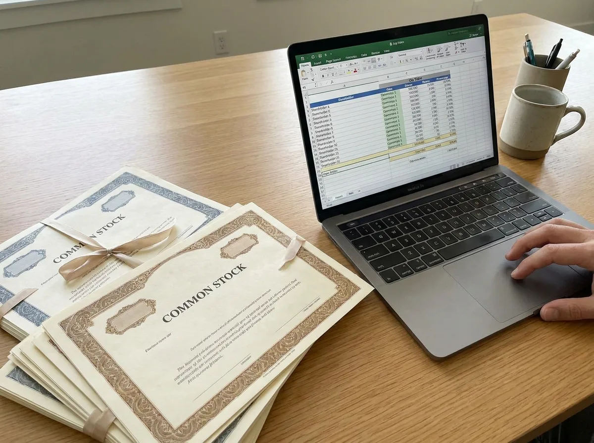 Cap table spreadsheet on laptop screen with stock certificates stacked beside it on desk