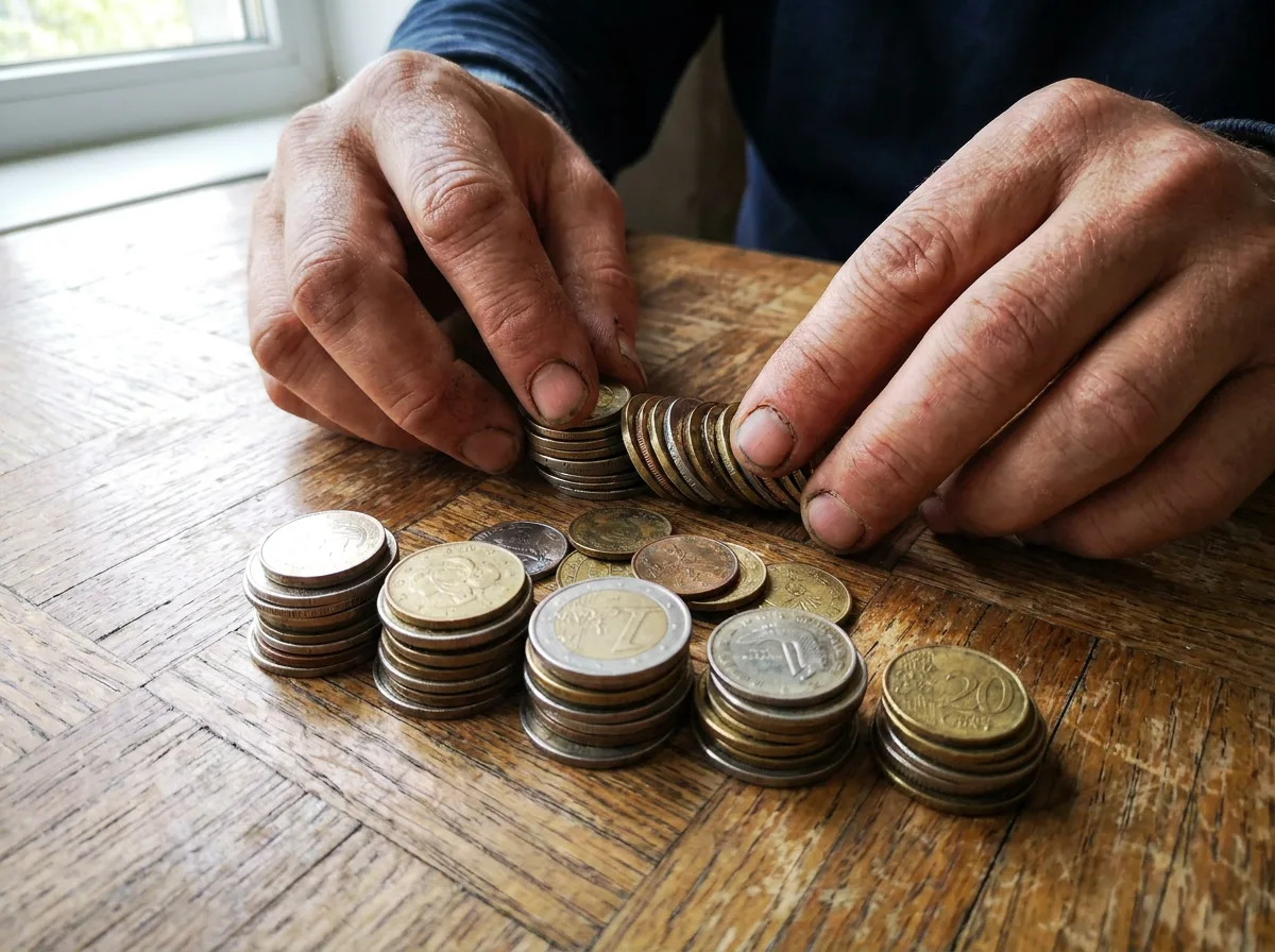 Hands dividing stacked coins into unequal piles on a wooden table
