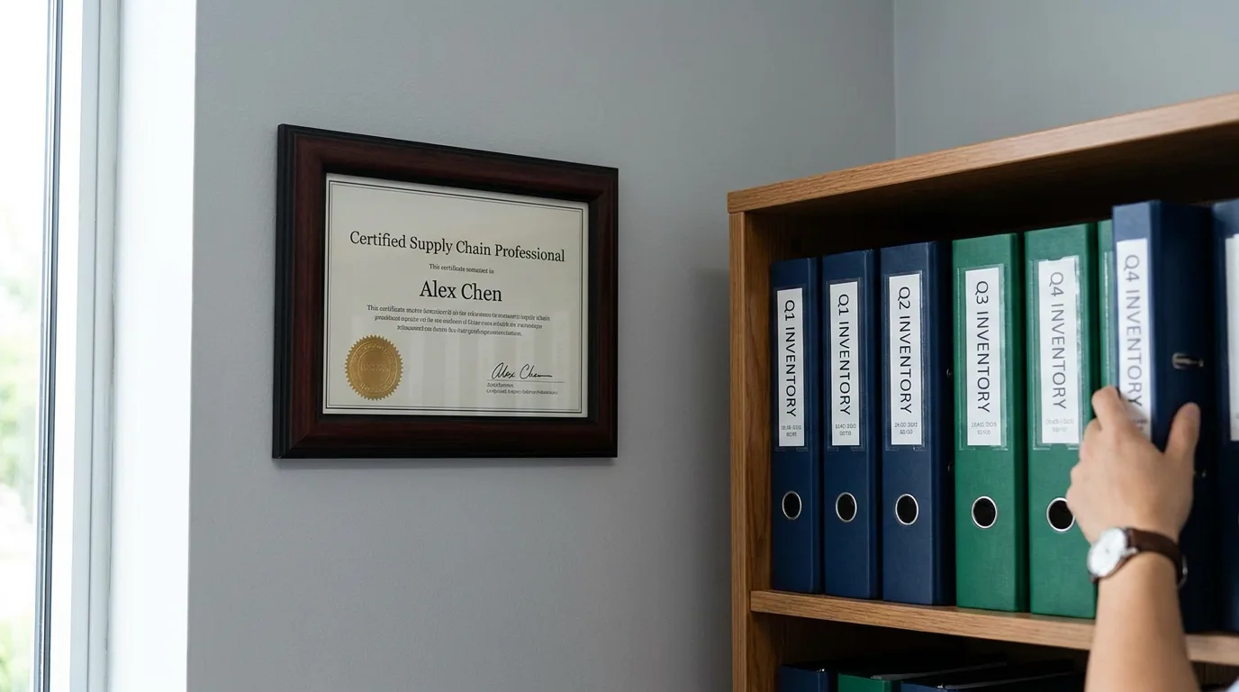 Professional certification frame hanging on office wall next to shelf of organized inventory binders