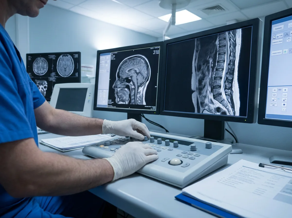 Radiologist's hands adjusting MRI scanner control panel with scan images on monitors