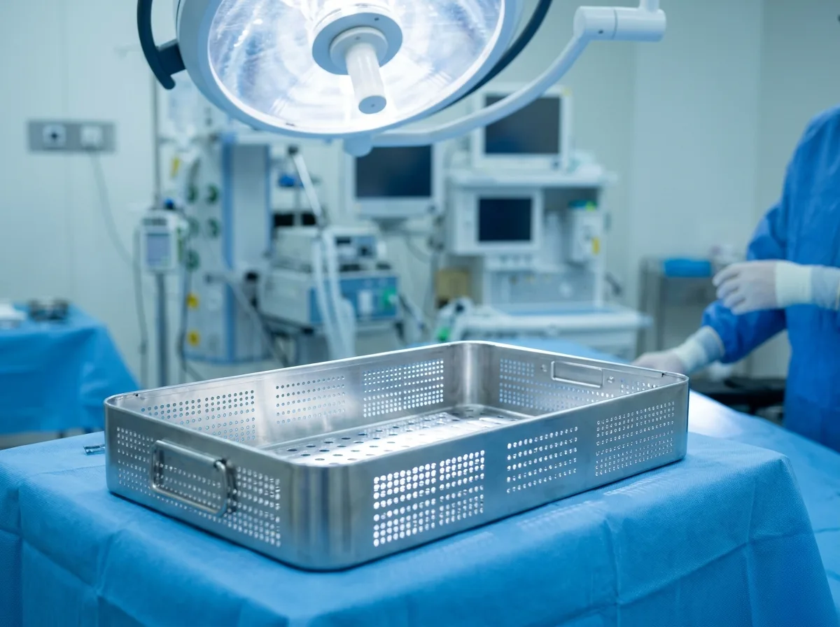 Stainless steel surgical instrument tray under bright operating room lights