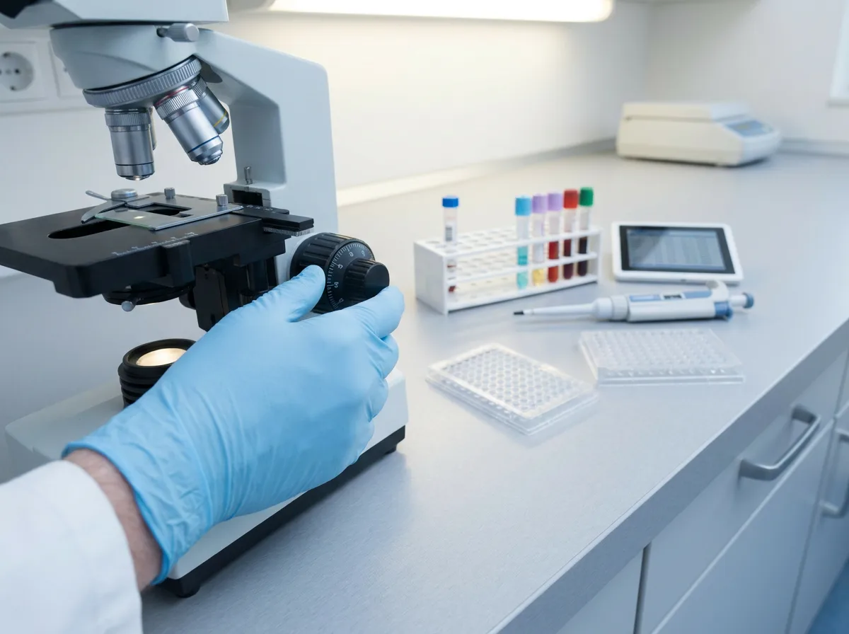 Gloved hand adjusting microscope with diagnostic lab equipment on clean countertop