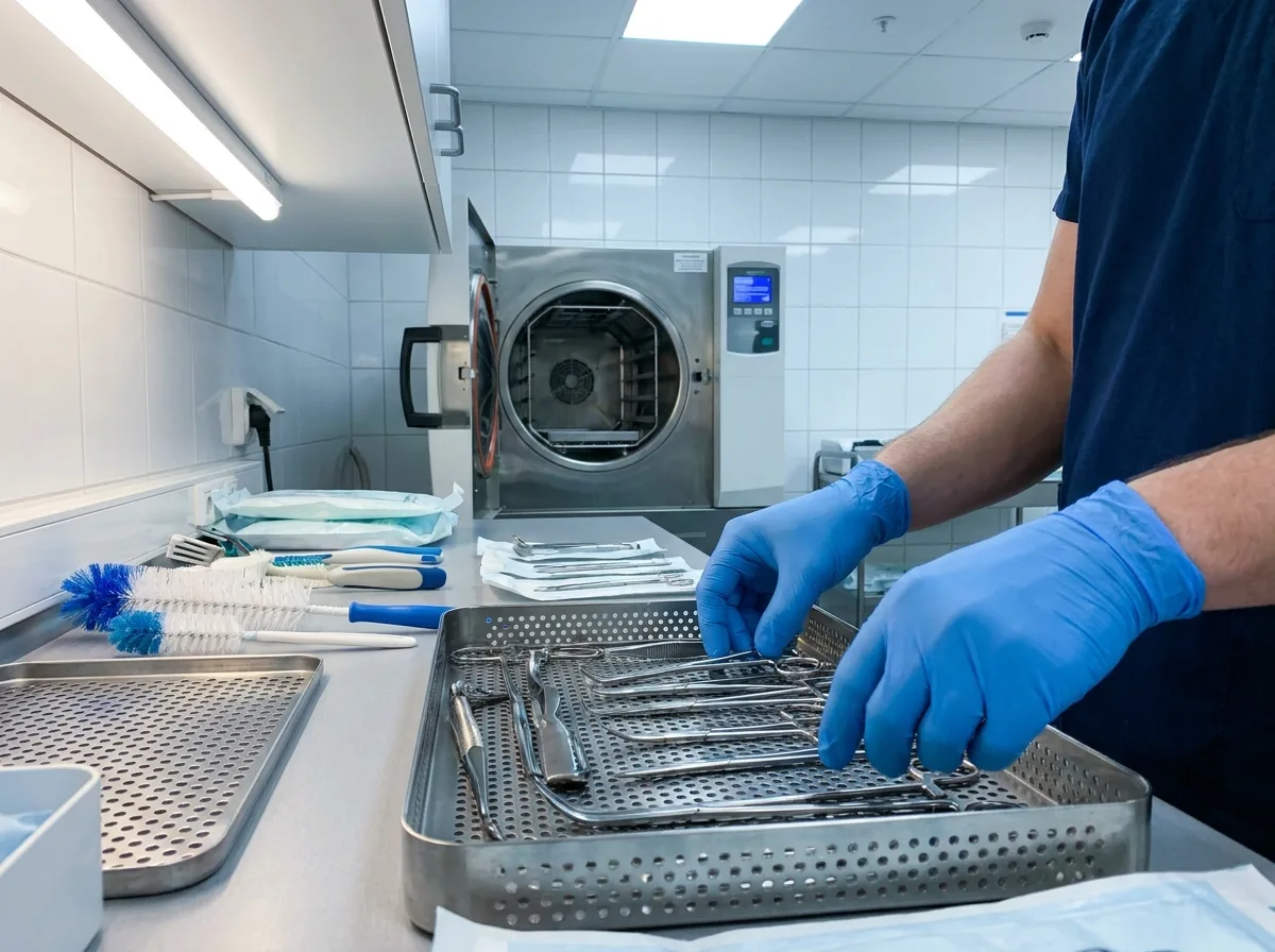Gloved hand arranging surgical instruments on sterile tray in hospital sterilization room with autoclave
