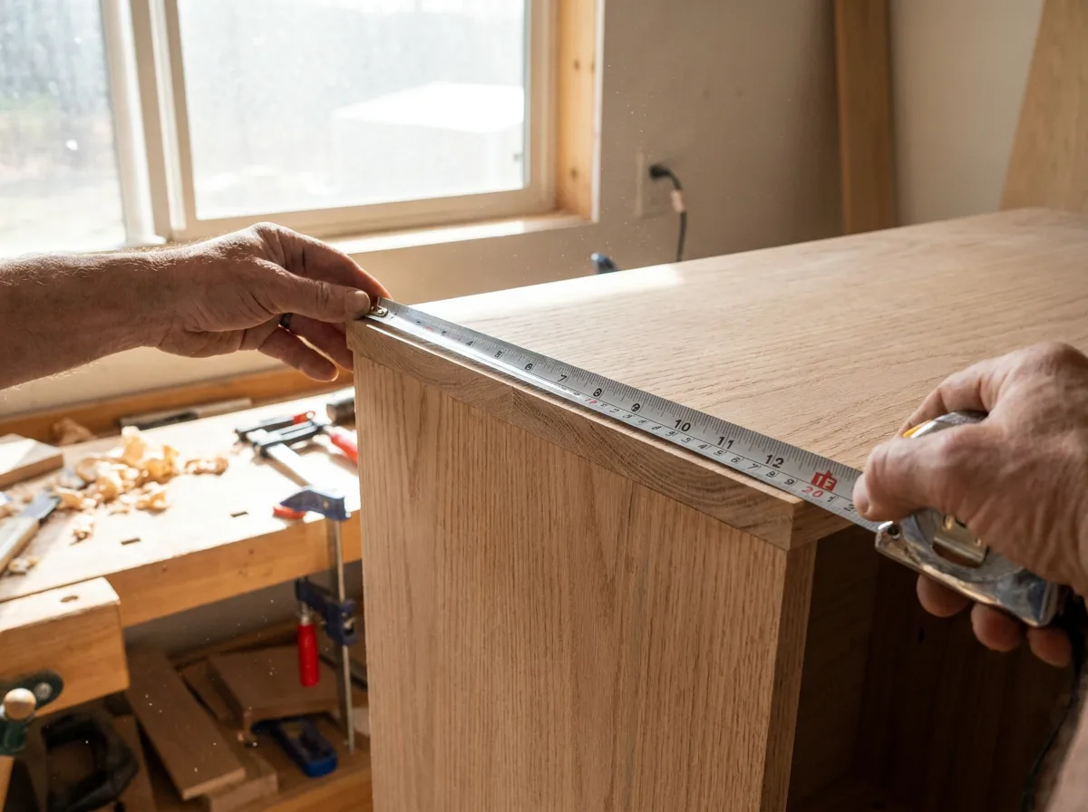 Hands measuring wooden cabinet edge with tape measure in sunlit workshop