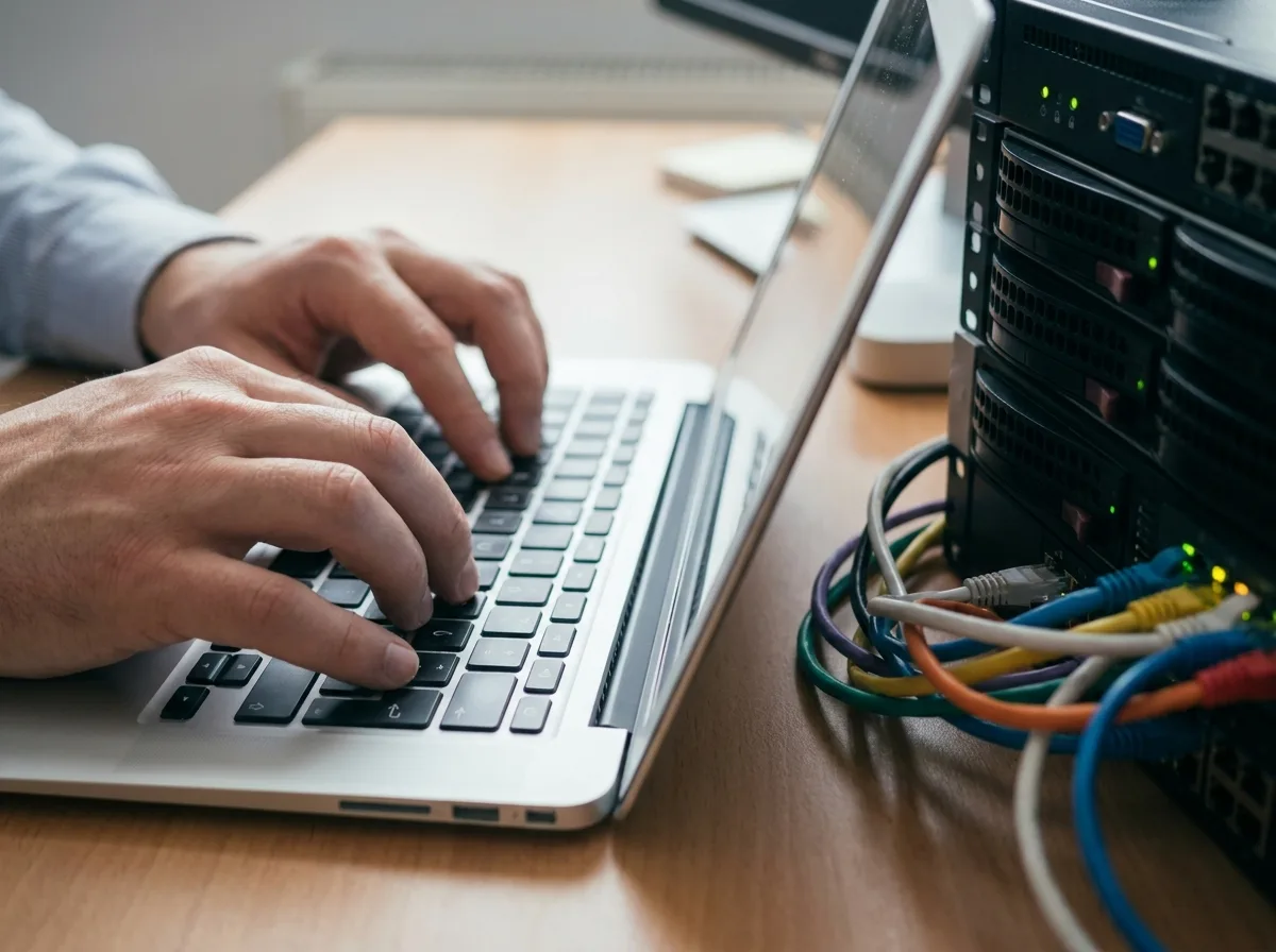 Hands typing on laptop keyboard beside server stack and networking cables